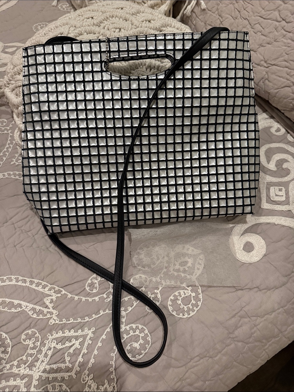 Silver Grid Tote with Black Trim - Elegant Everyday Shoulder Bag…